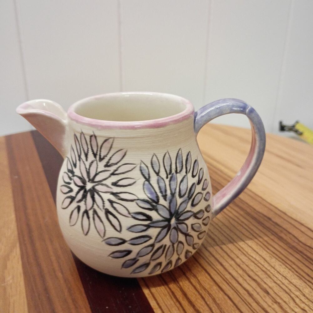 Studio Art Pottery Creamer Small Pitcher Hand Painted Floral Pink Purple Cottage